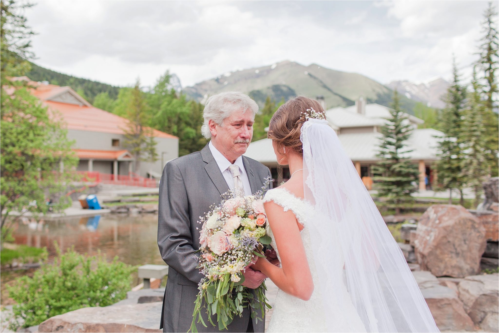 Kananaskis Canada Wedding at the Delta Lodge-Kaitlin & Ricky-Alabama wedding photographer-Lodge wedding-Bridal photography-Outside bridal shoot-Bridal bouquet-Wedding florals-Mountain wedding-Mountain wedding-Canada wedding photographer-Father and daughter precious wedding moments-Wedding dress reveal