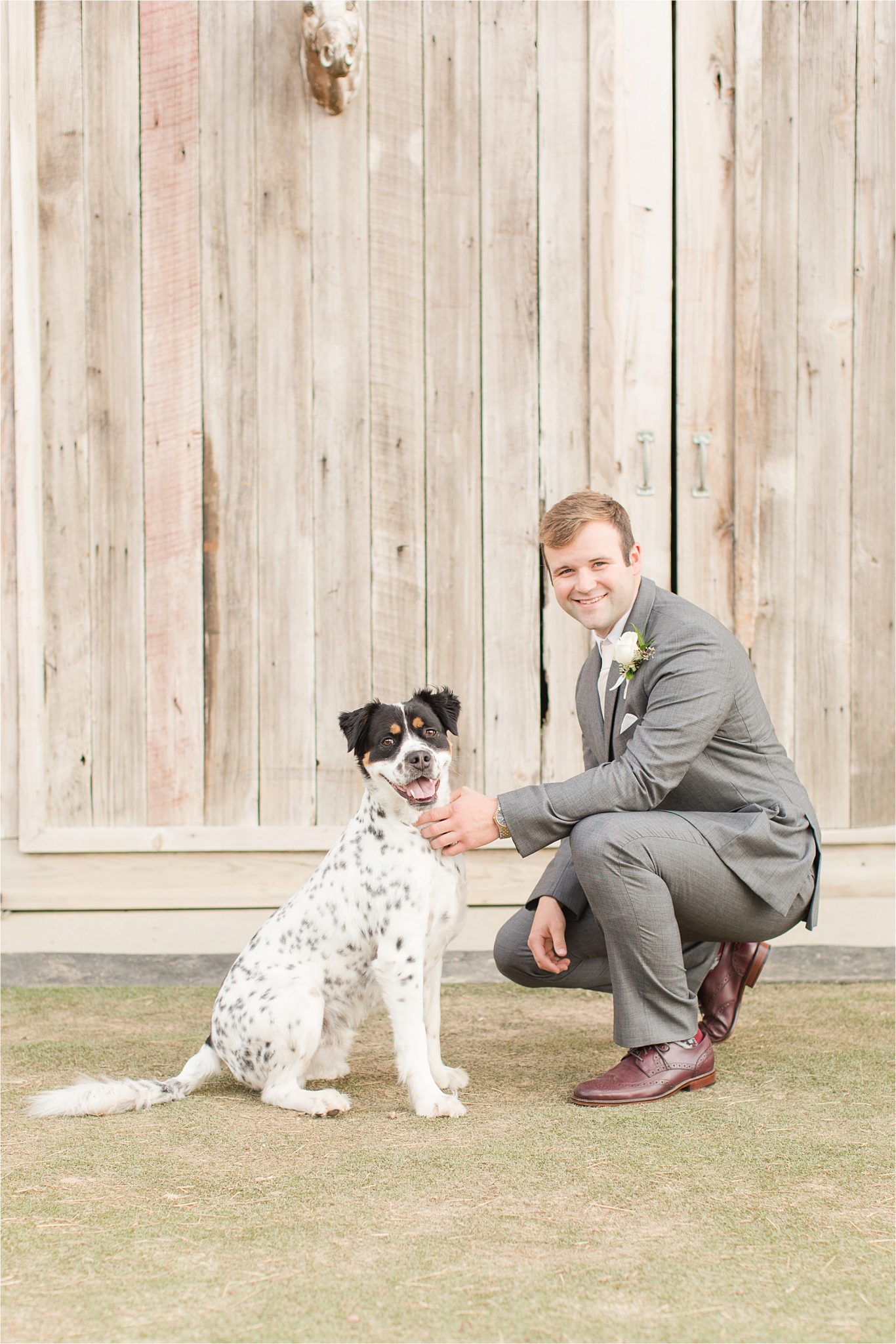 The Barn at Bridlewood Wedding-Hattiesburg, Mississippi-Kelsey + Blaker-Wedding details-Groom-Grey tuxedo-Barn wedding