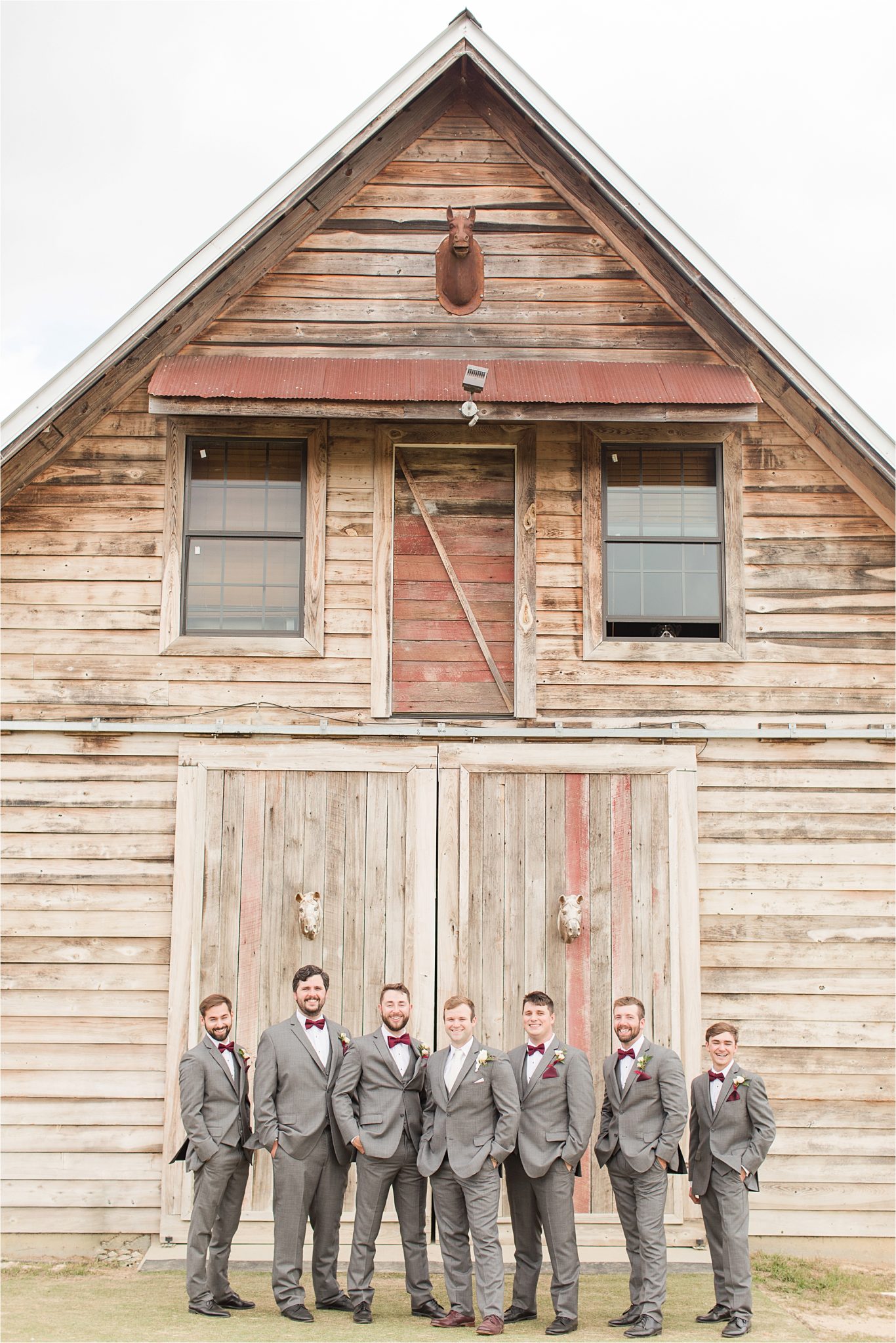 The Barn at Bridlewood Wedding-Hattiesburg, Mississippi-Kelsey + Blaker-Wedding details-Groom-Groomsmen-Grey tuxedo-Barn wedding-Grey themed wedding 