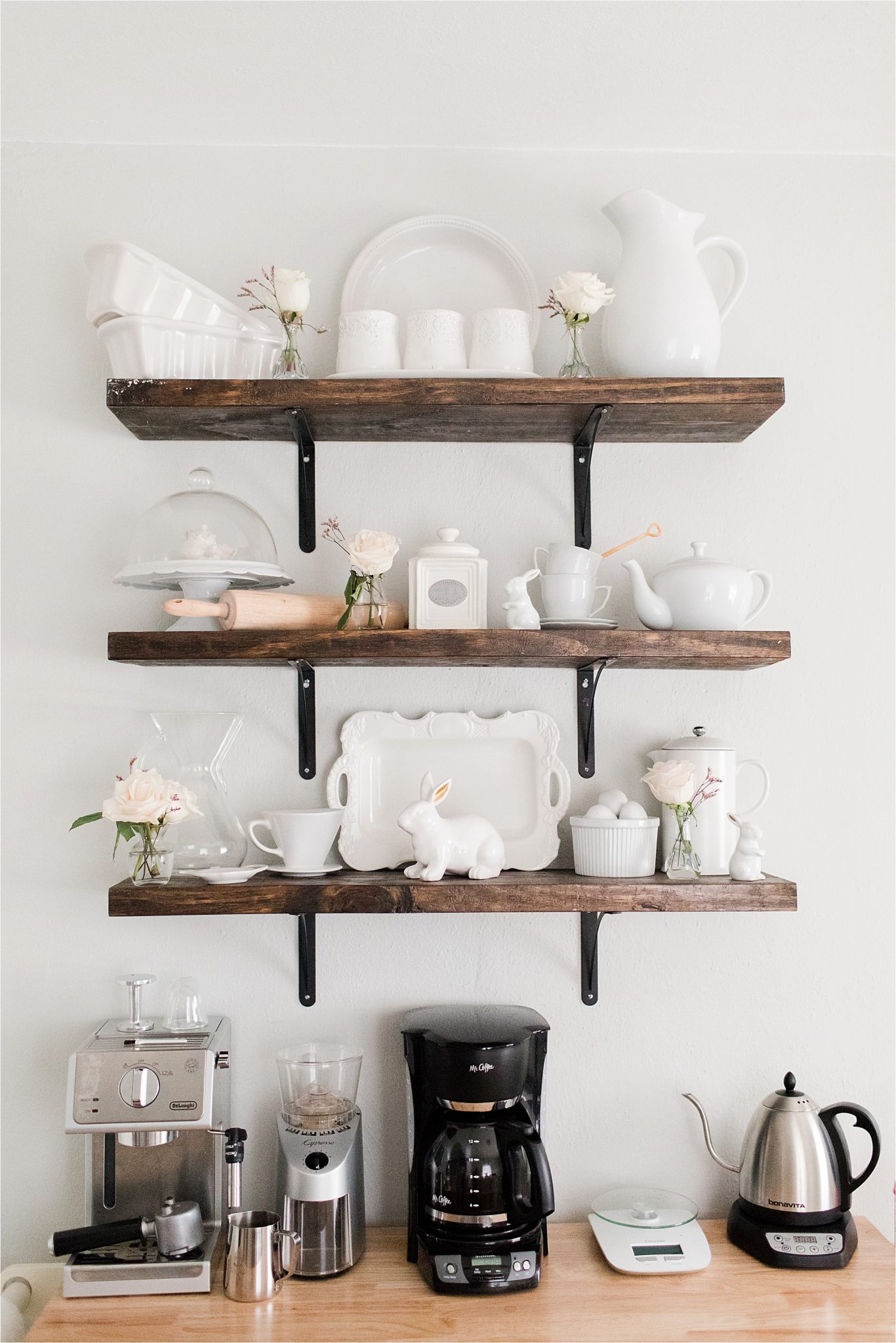house-home-coffee-station-bar-floating-shelves-white-porcelain-decor-tea-pot-maker-grinder