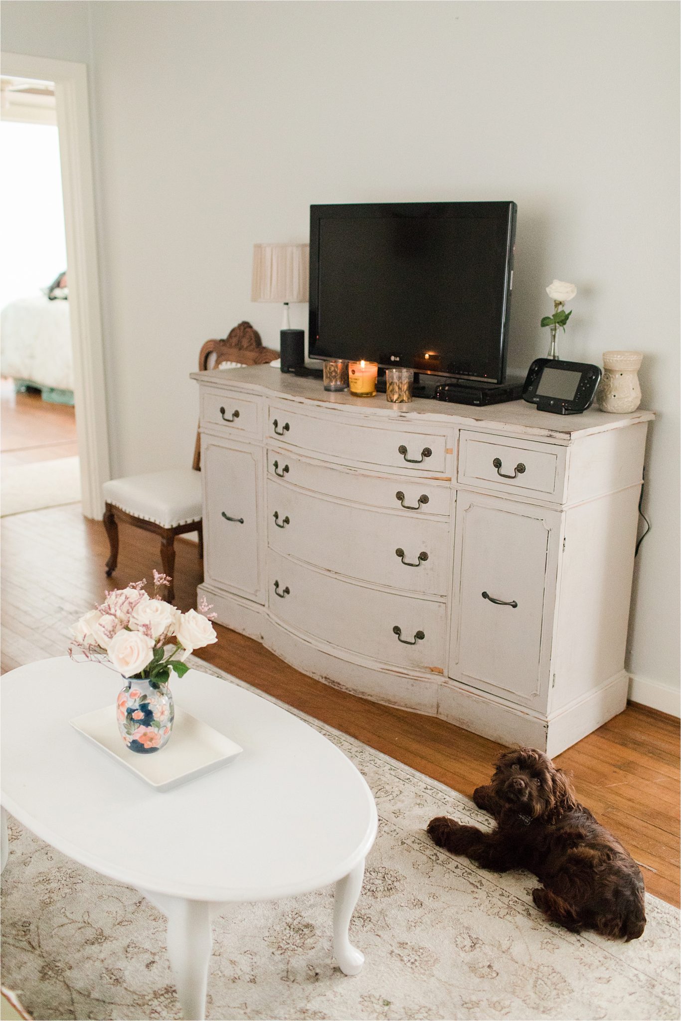 first-home-living-room-vintage-airy-neutrals-puppy-cocker spaniel