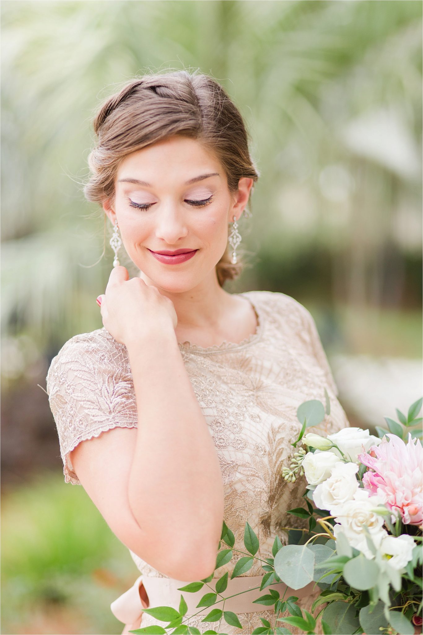 maid of honor-dress-earrings-gold ornate dress-wedding day