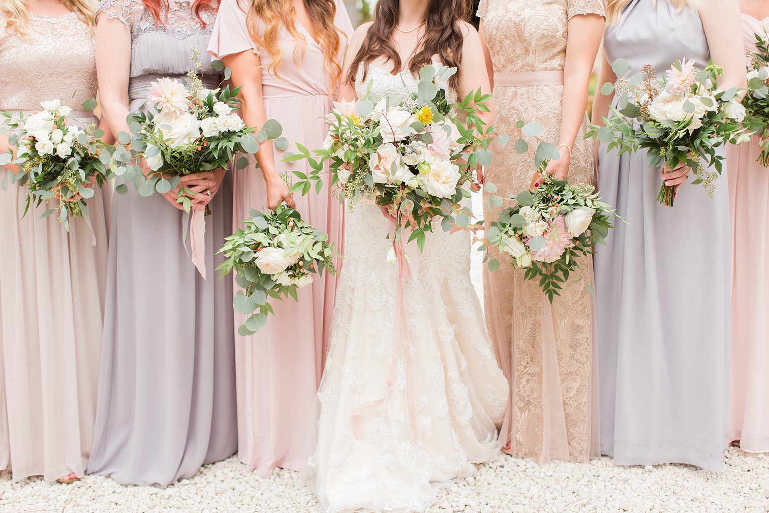 Blush-bridesmaid dresses-bouquets-bride-wedding party-beautiful-mismatched dresses