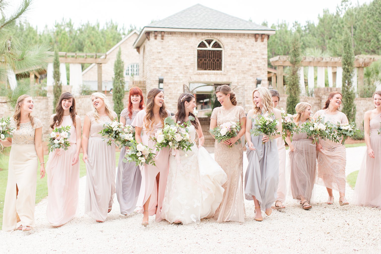 Blush-bridesmaid dresses-bouquets-bride-wedding party-beautiful-mismatched dresses