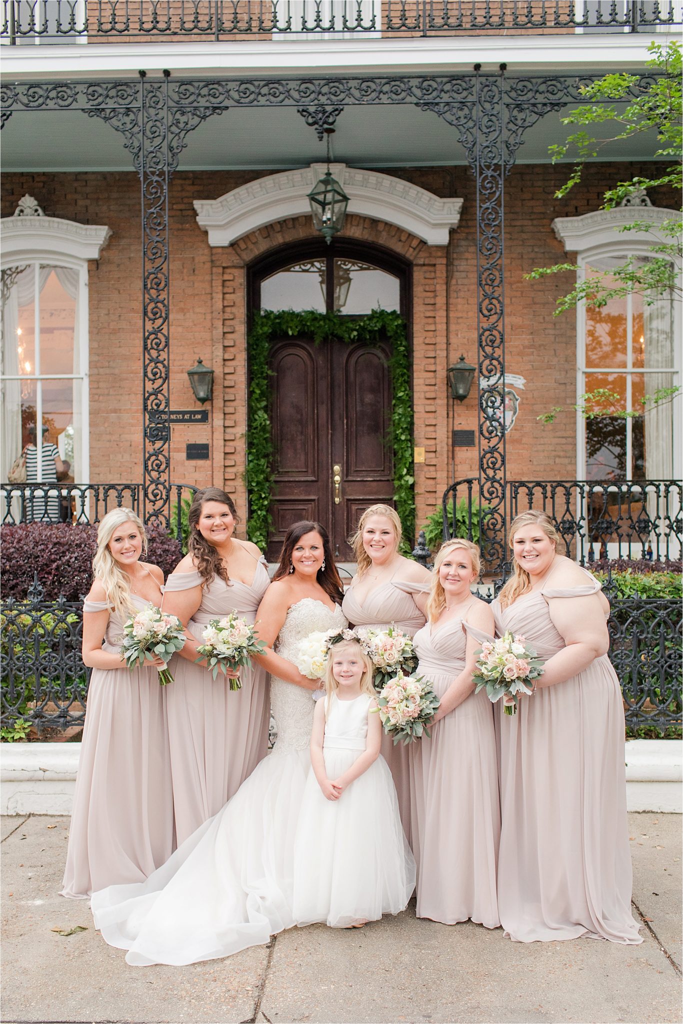 bridesmaids and flower girl-neutral long bridesmaid-wedding neutrals-wedding party-bride and her bridesmaids