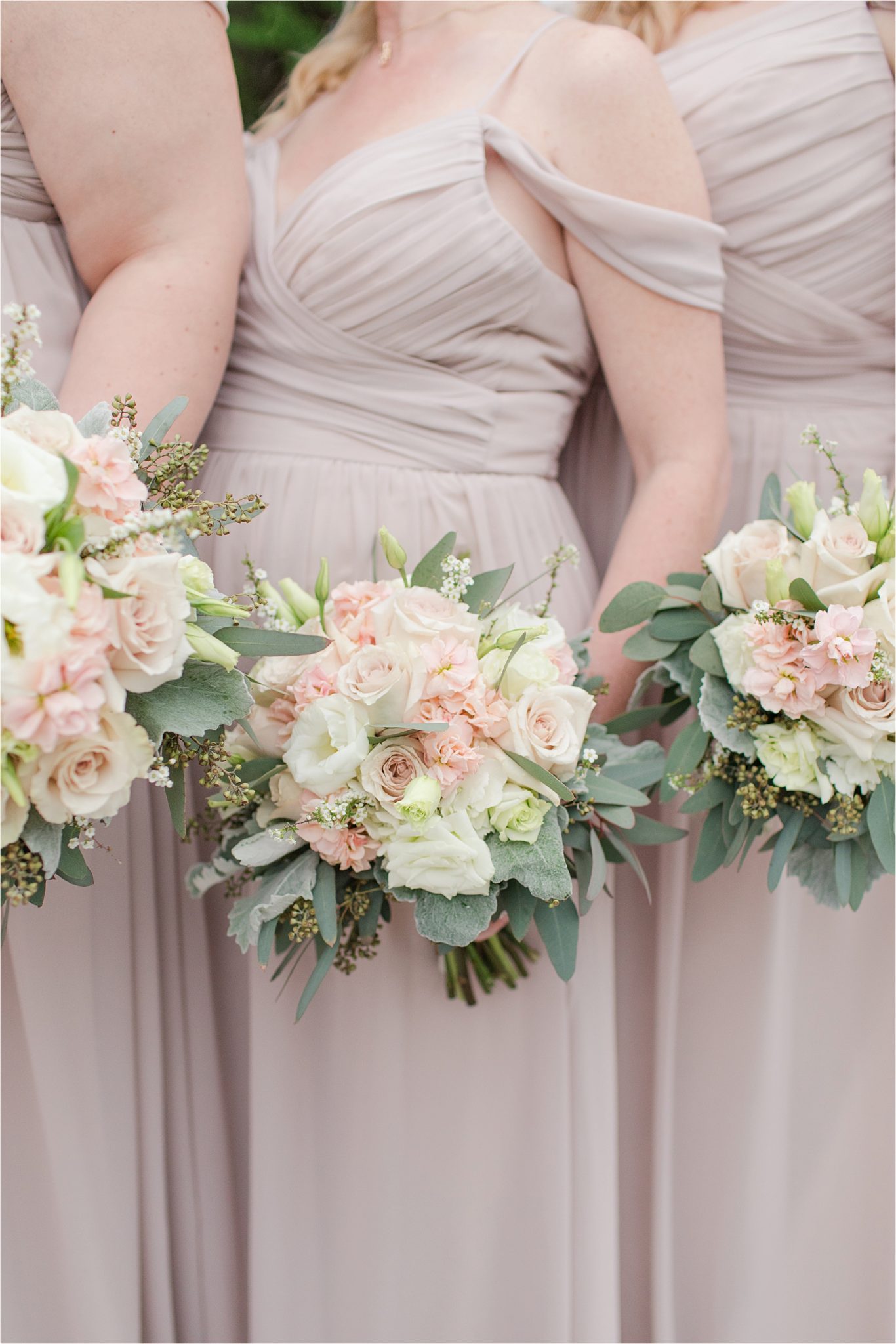 blush bouquet-blush and neutrals-wedding-bridesmaid dresses-draping shoulder bridesmaid dresses