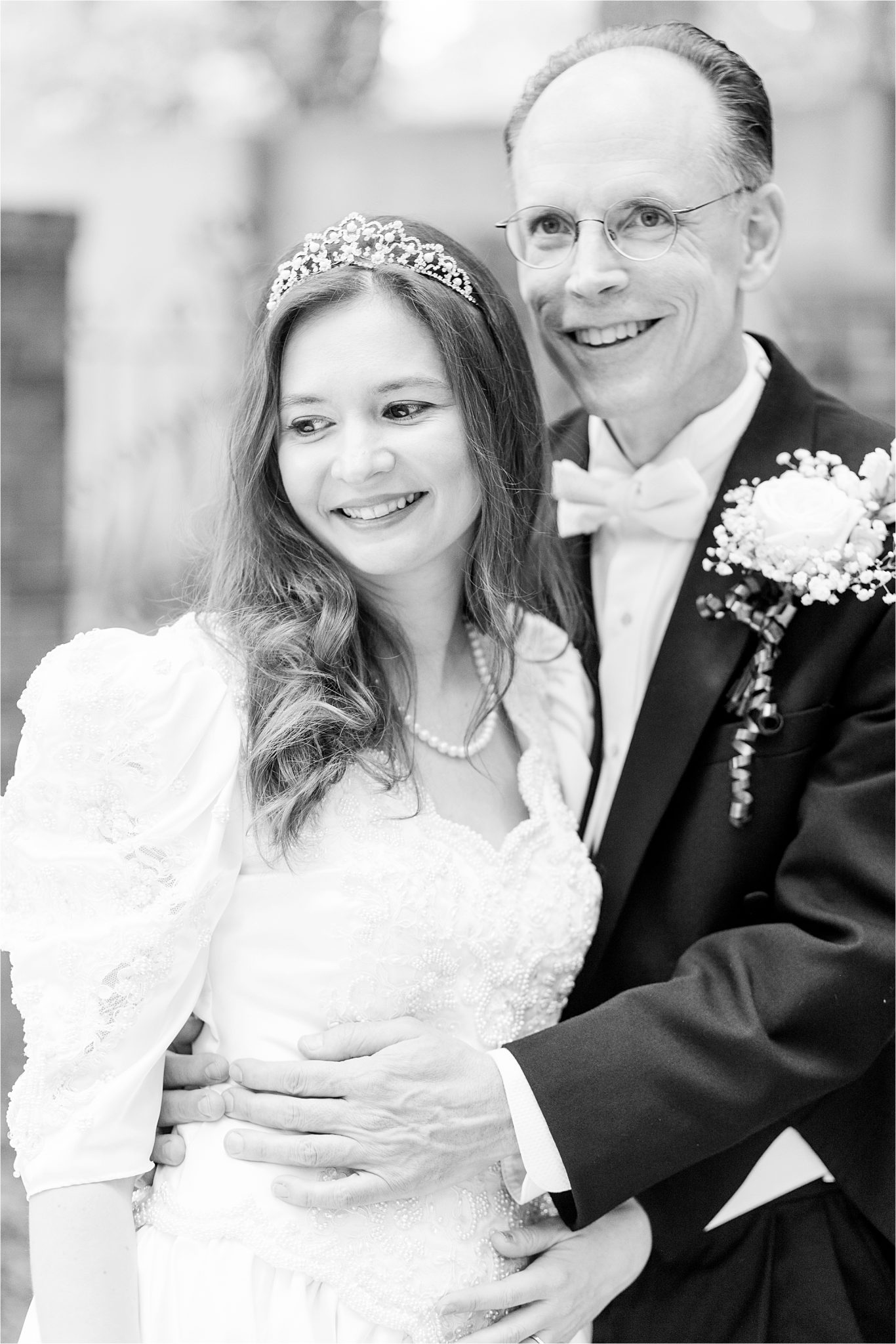 wedding dress-scallop neckline-bridal tiara-mature bride and groom
