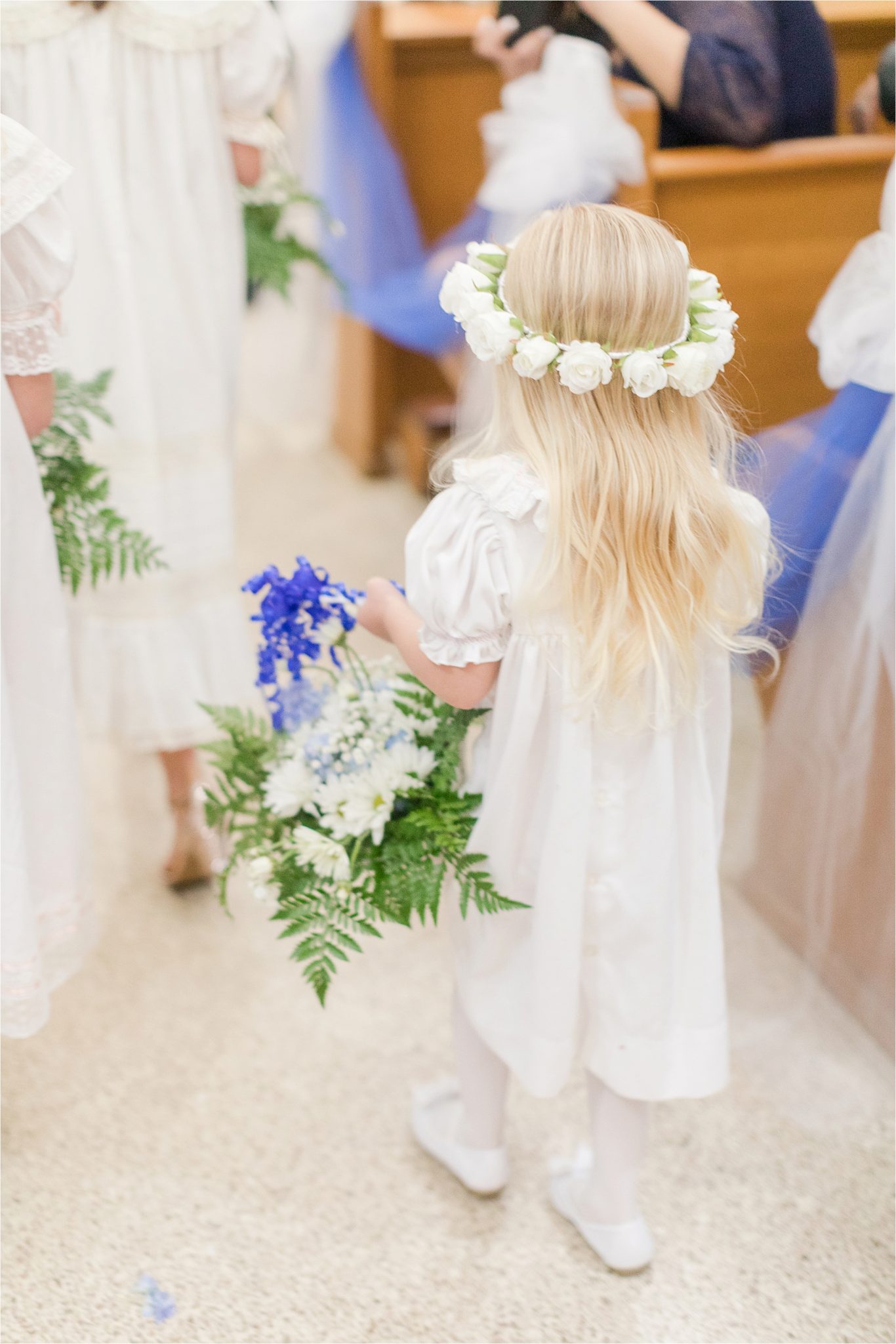 young flower girl-white rose-flower crown-flower basket-white dress
