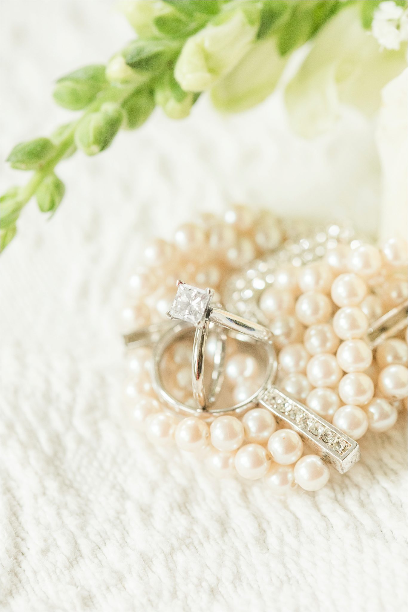 Princess cut wedding ring-white gold engagement ring-bride and groom ring shot-pearl wedding details-one carrot wedding rings