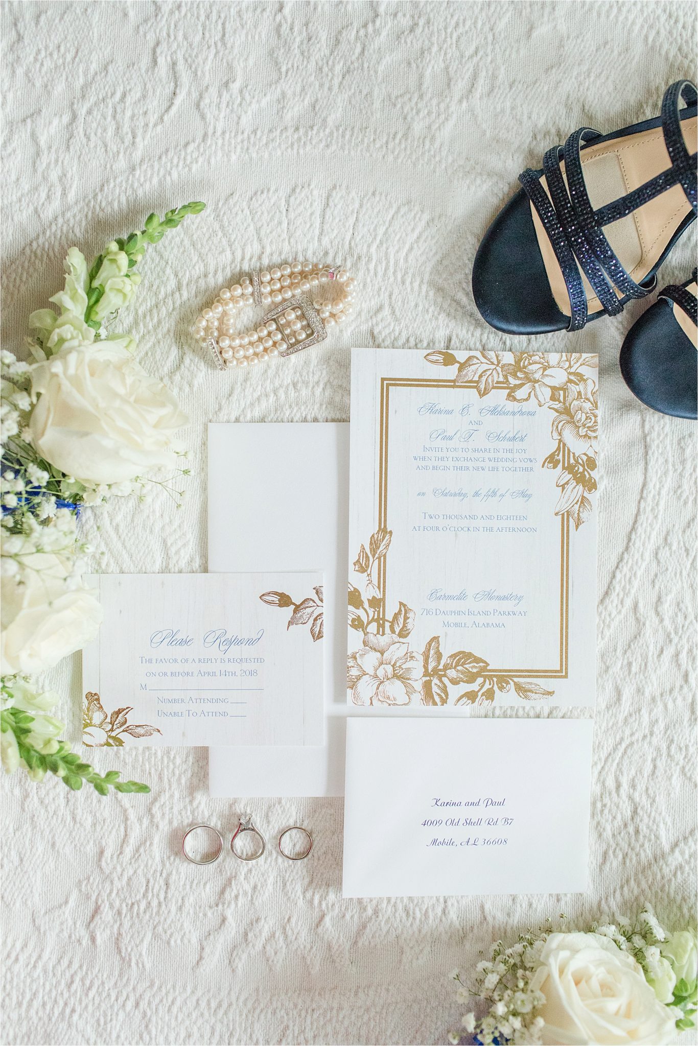 Gold accent-floral-invitaions-details-something blue-pearl bridal jewelry-white rose details