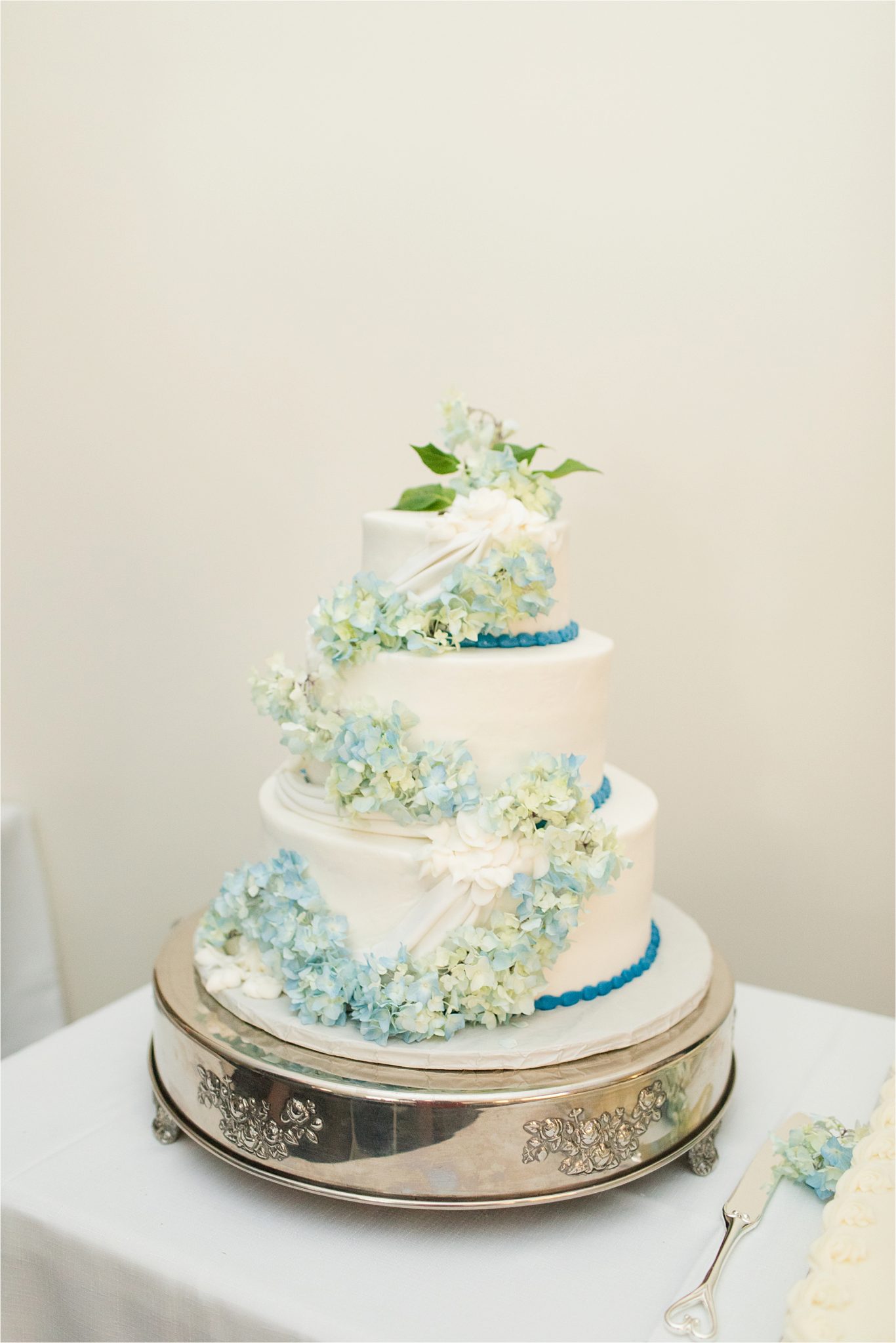 light blue wedding cake detail-wedding cake cascading flowers-three tier wedding cake-3 tier