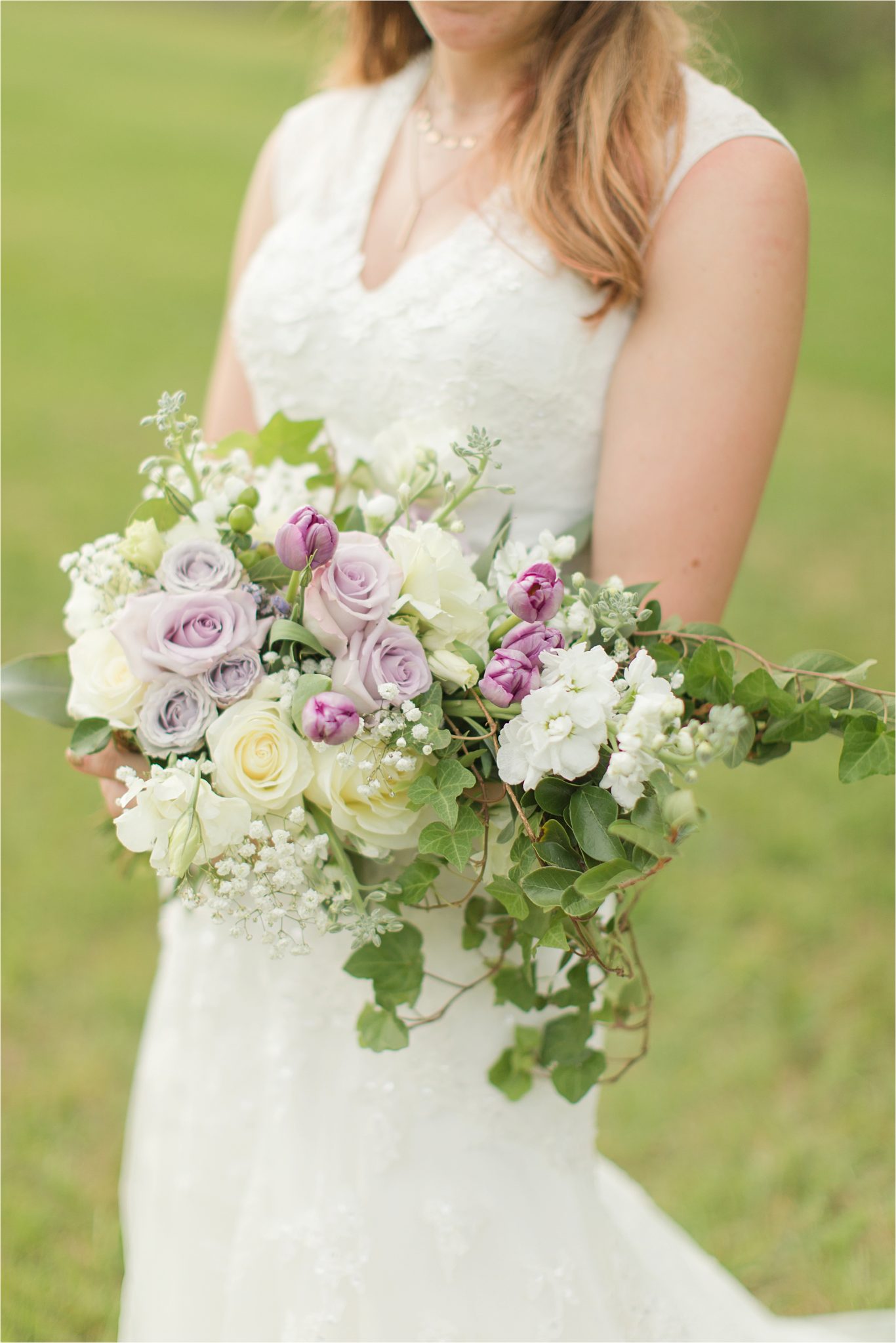 white roses-lavender roses-purple tulips-babies breath-ivy-wedding bouquet-bridal bouquet-brides bouquet