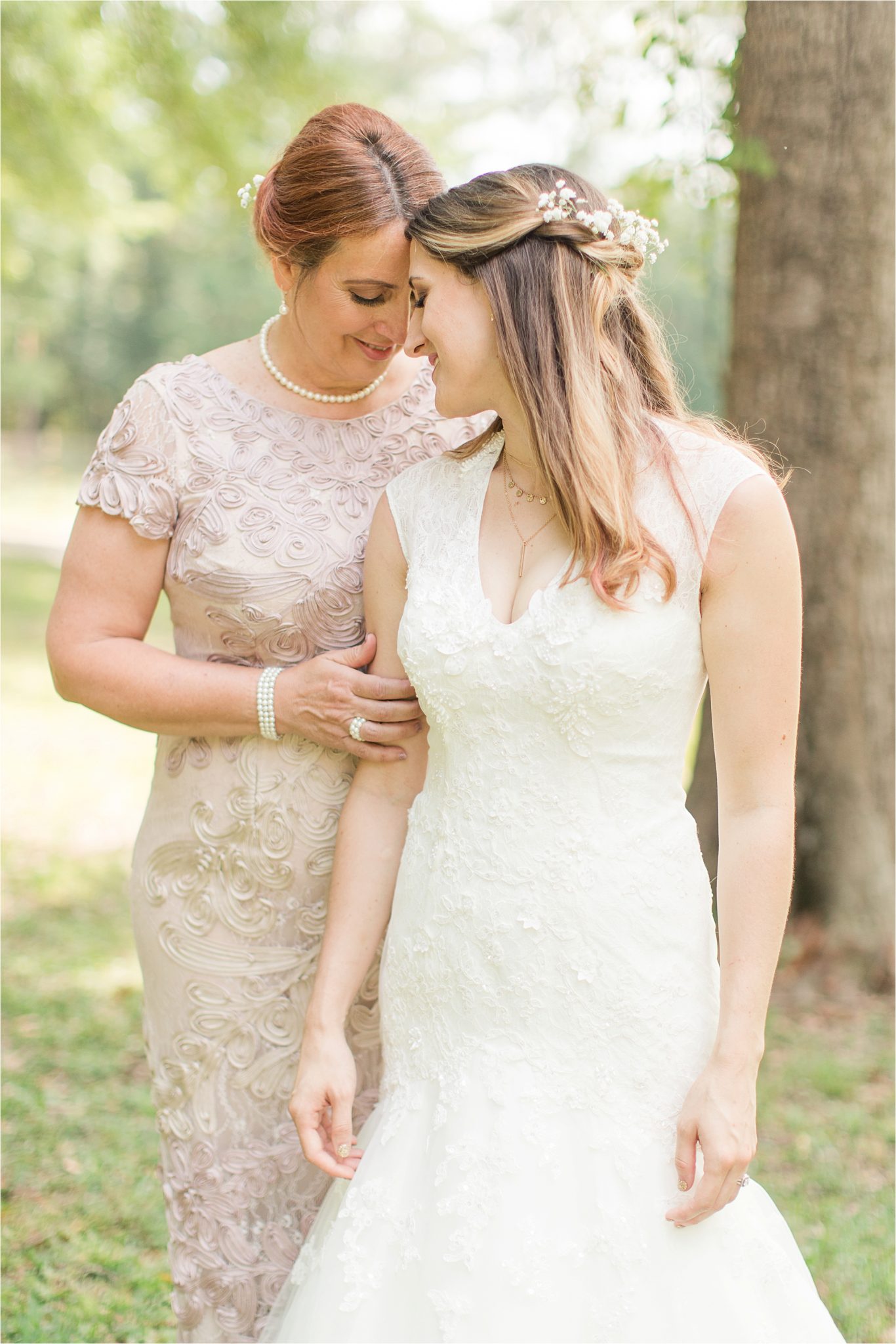 babies breath bridal crown-mother of the bride-blush dress-mermaid wedding gown with lace detailing