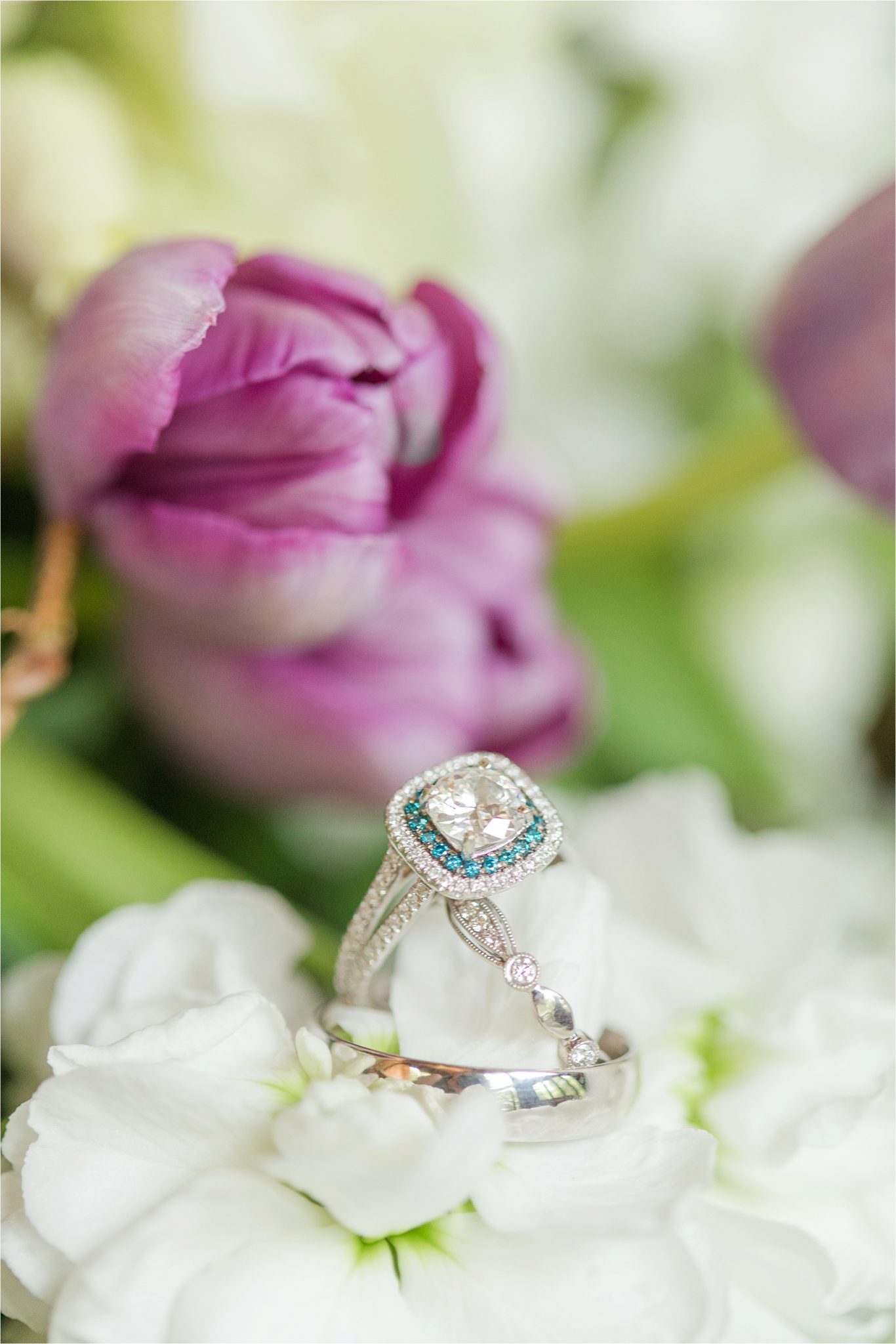 double halo-blue topaz-double band-halo-cushion cut-ornate wedding band