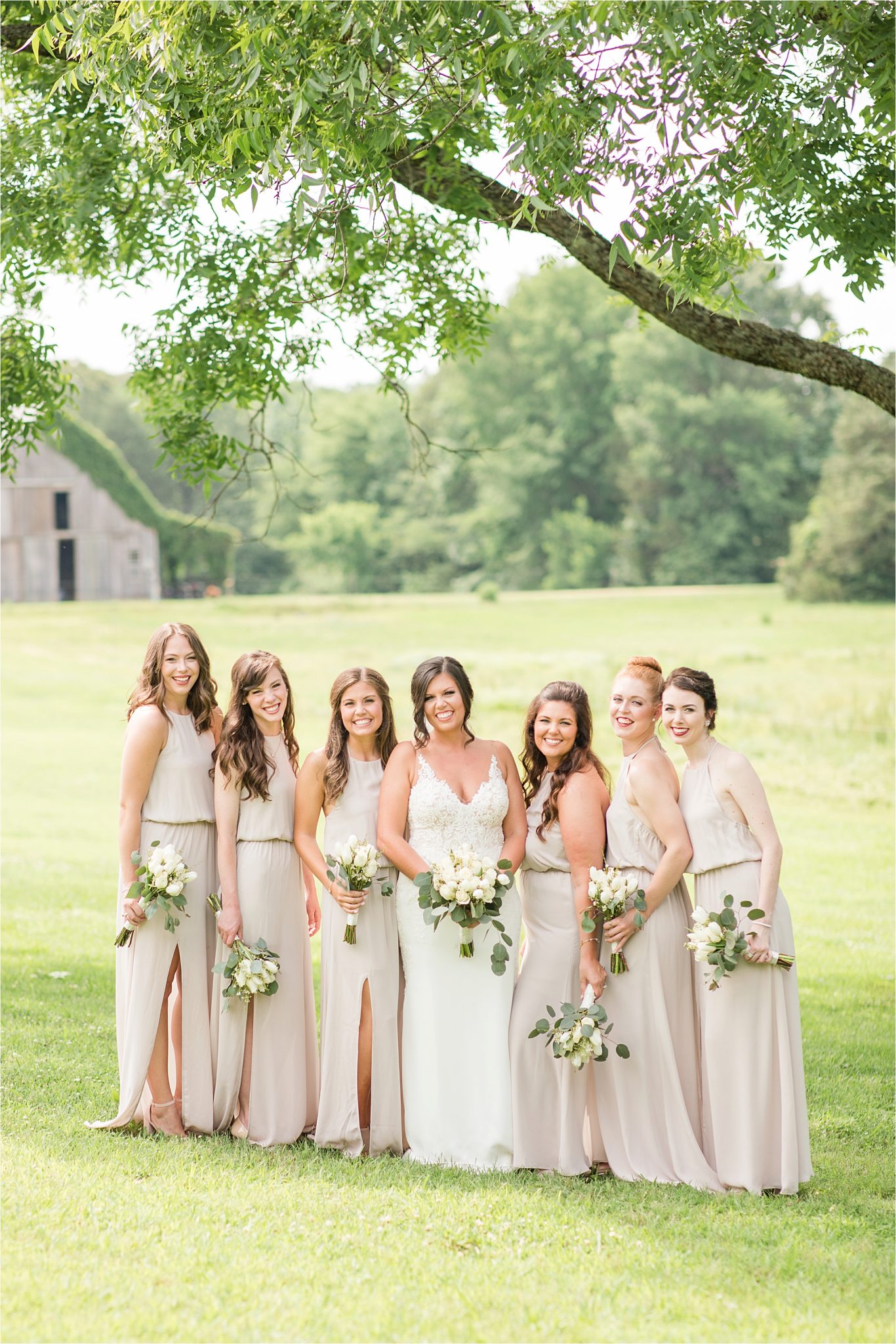 HHedge Farm Wedding, Alabama Wedding Photographer, Barn Wedding, Bride and bridesmaids, Neutrals