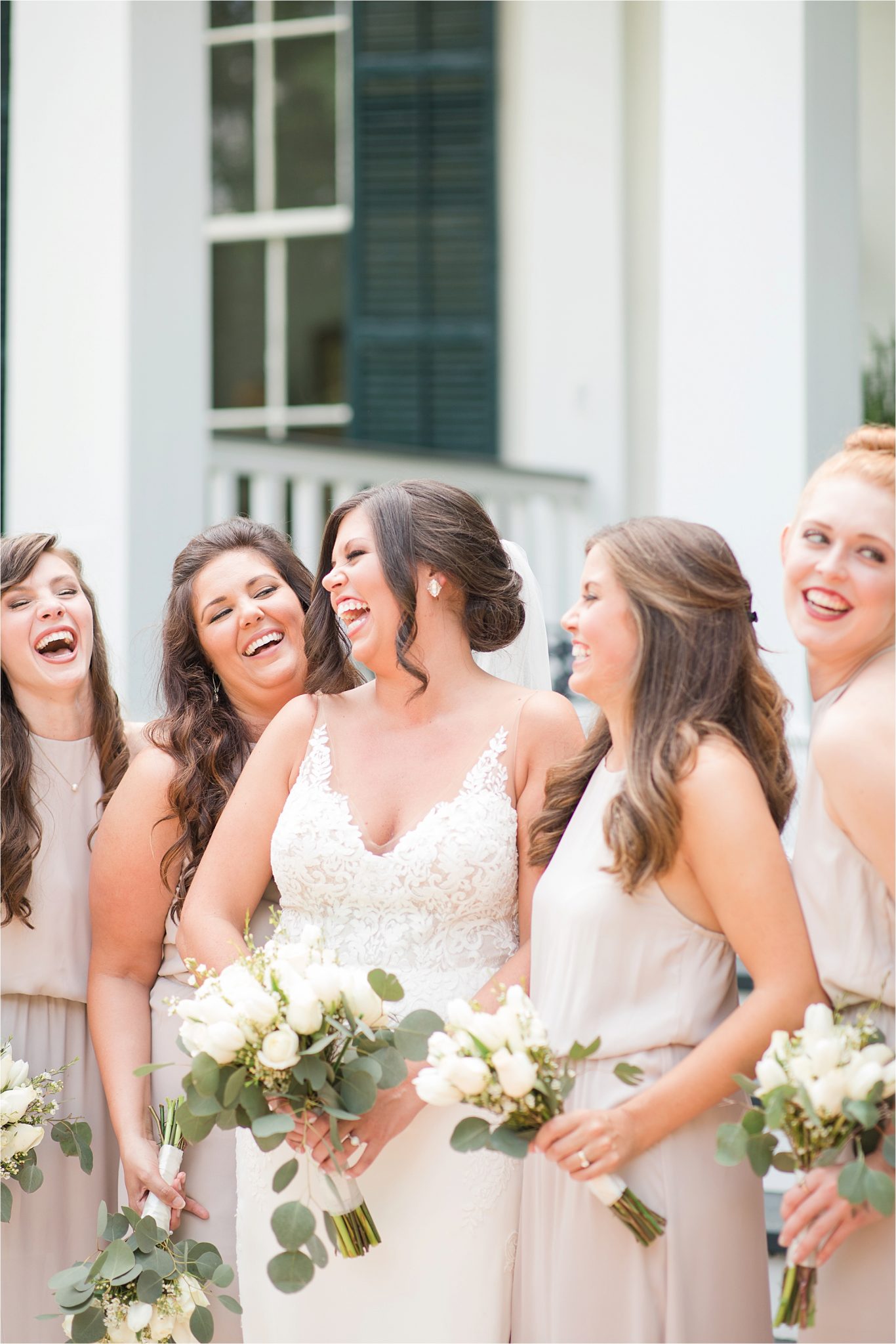 Hedge Farm Wedding, Alabama Wedding Photographer, Barn Wedding, Bride and bridesmaids, Neutrals