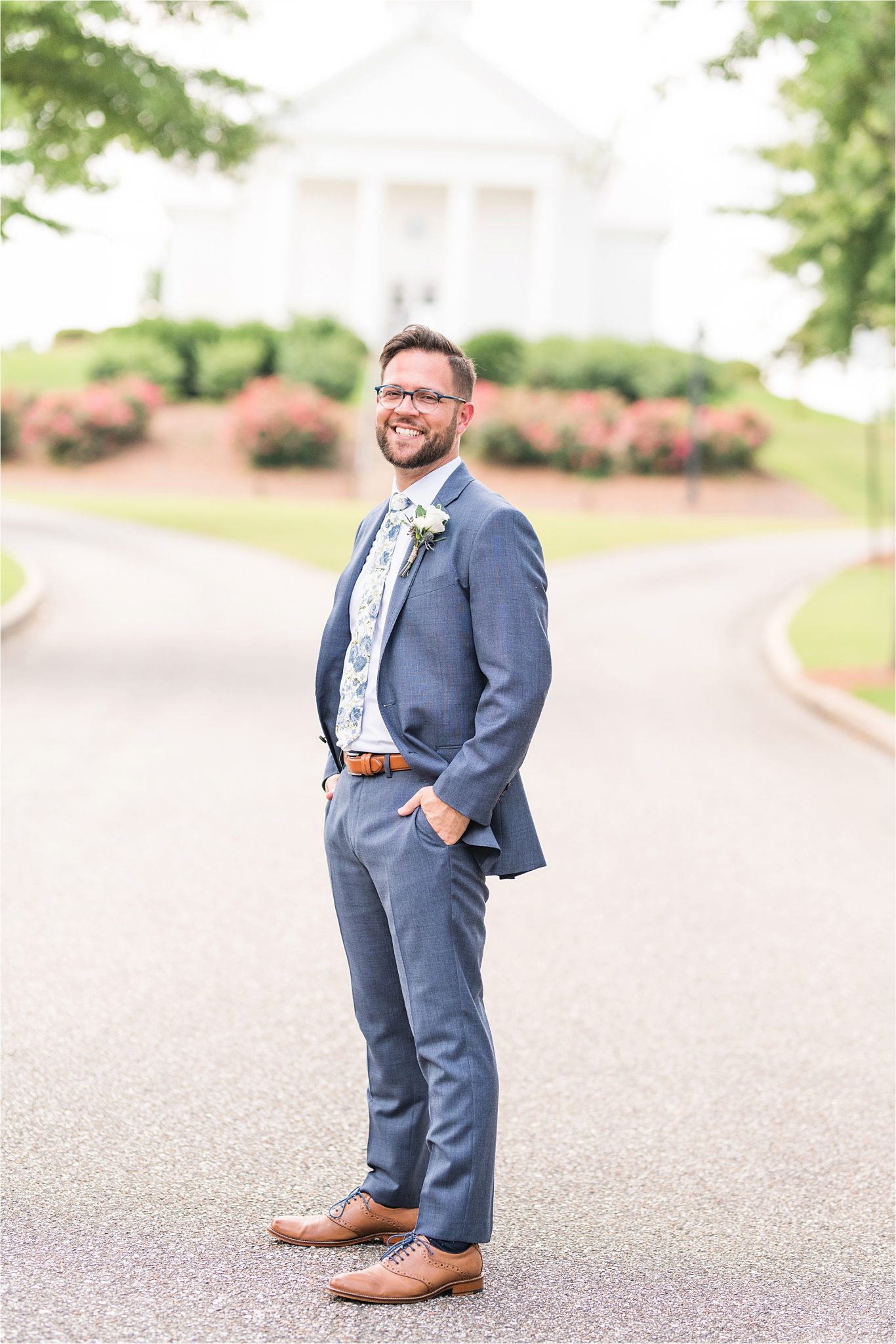 Pastel Themed Wedding-The Chapel at the Waters-Montgomery Alabama Photographer-Miles & Meredyth-Blue Themed Wedding-Groom's Tie-Groom Attire-White Boutonniere