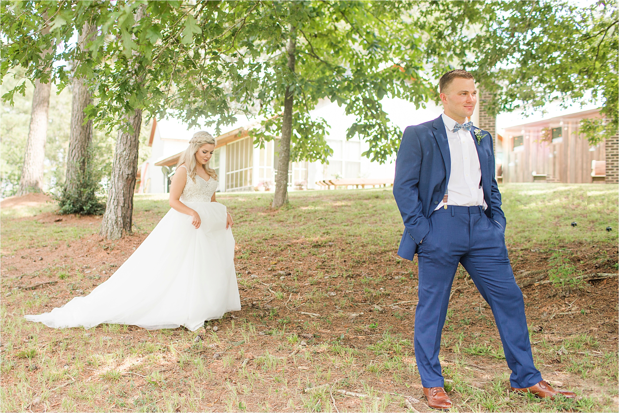 blue-suit-groom-bride-bow-tie-first-look