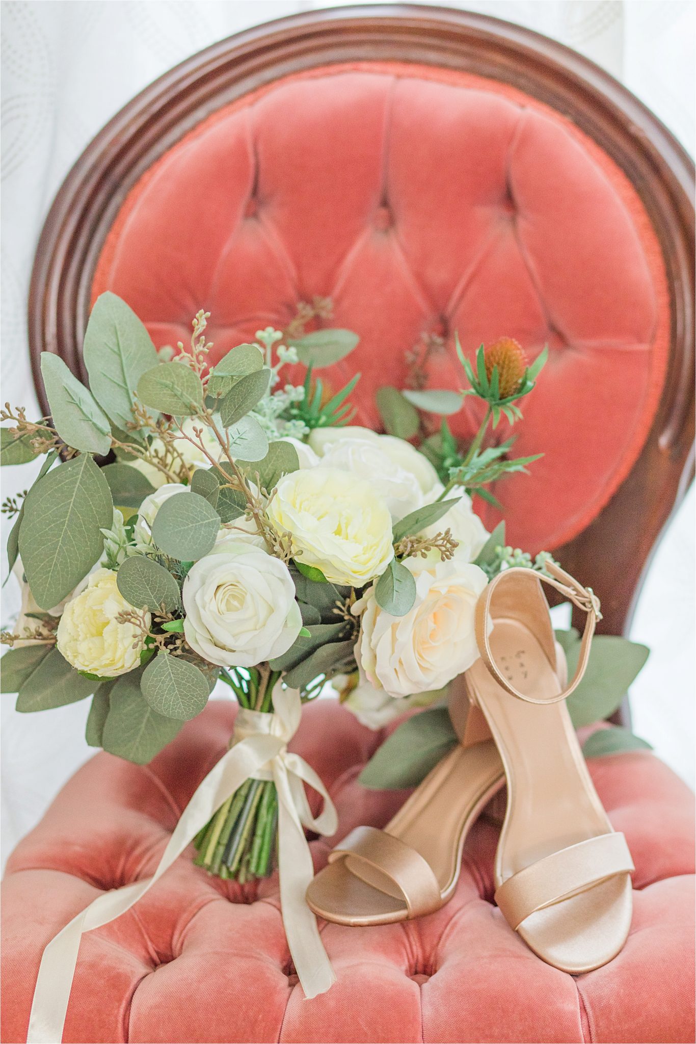 blush-vintage-coushion-antique-chair-rose-gold-wedding-shoes-white-bouqet
