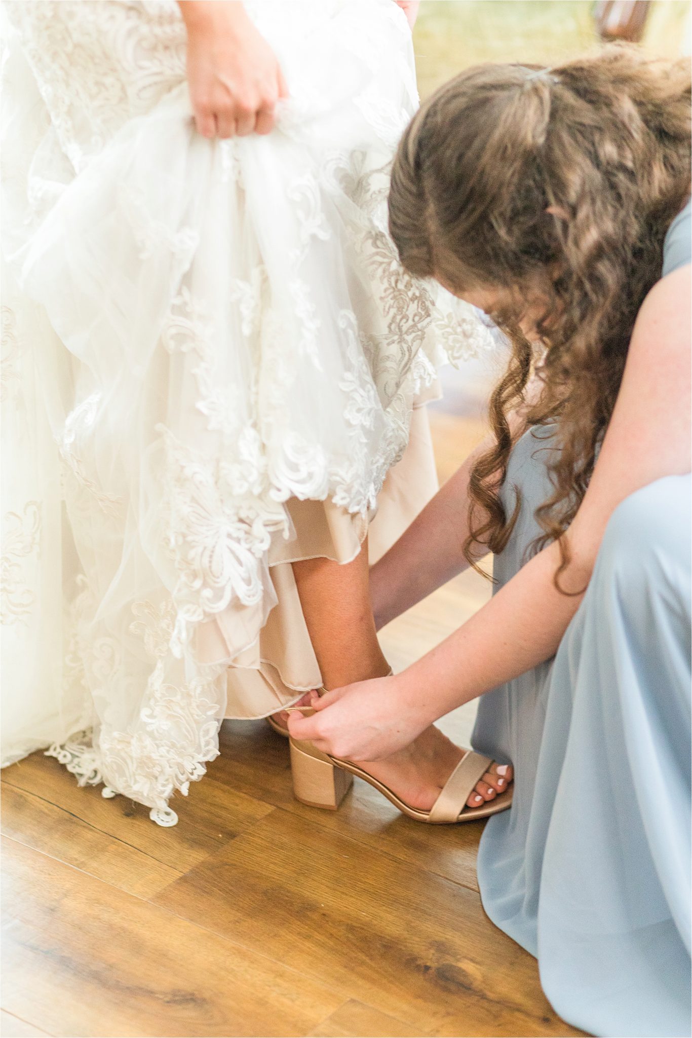 precious-moments-getting-ready-rose-gold-champagne-wedding shoes-maid of honor-precious moments