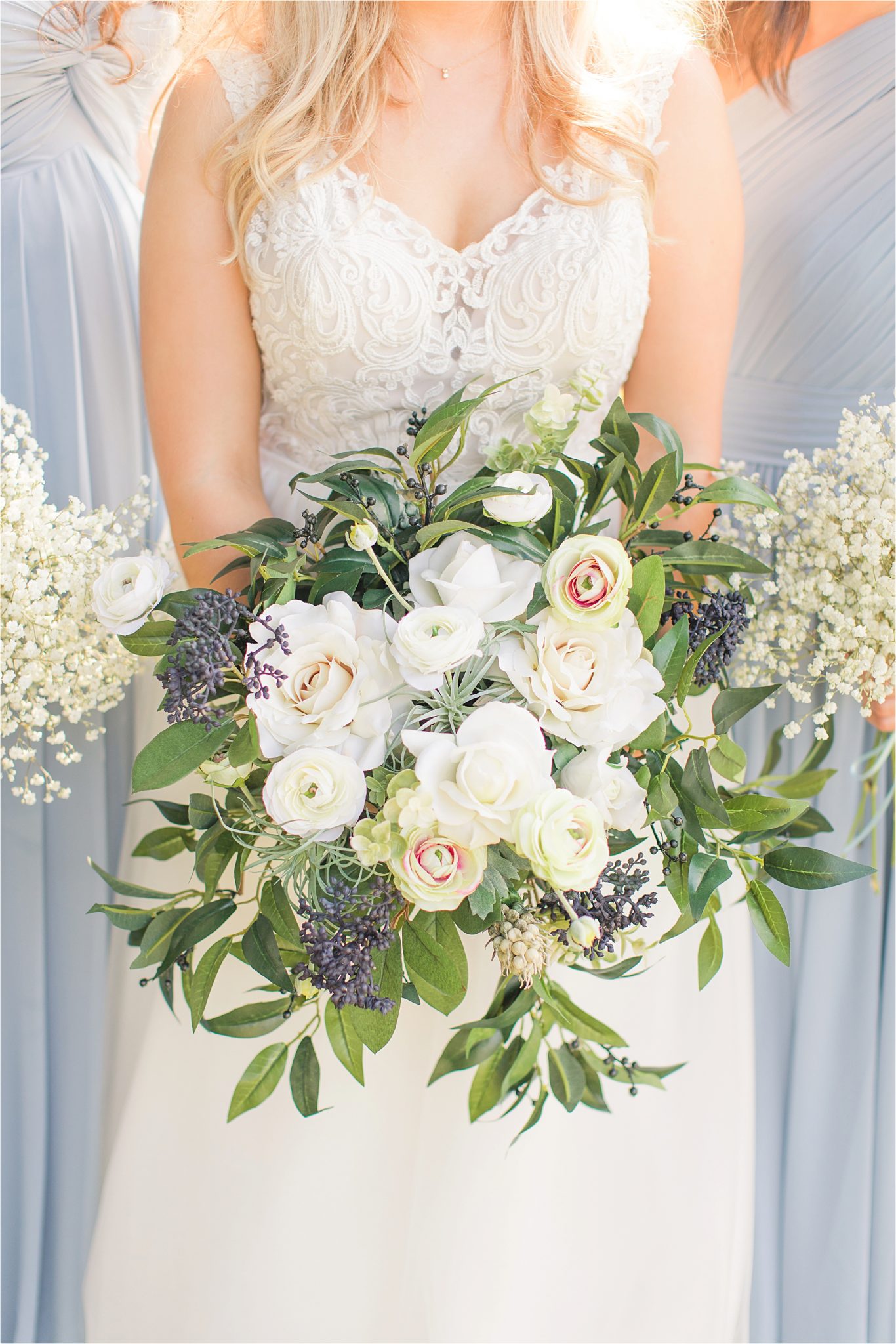 bridal-bouquets-raspberry-periwinkle-blue-white-roses-lace-wedding-dress